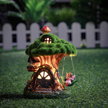 Load image into Gallery viewer, TERESA&#39;S COLLECTIONS Fairy House Outdoor Statues with Solar Light for Garden Decor, Green Moss Resin Outdoor Cottage with Swinging Fairy, Lawn Ornaments Yard Decor Gifts for Mom Women, 8&quot;
