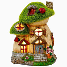 Load image into Gallery viewer, TERESA&#39;S COLLECTIONS Garden Ornaments Outdoor, Green Flocked Solar Fairy House and Ladybugs, Waterproof Resin Fairy House Ornaments, Indoor Outdoor 16.8CM
