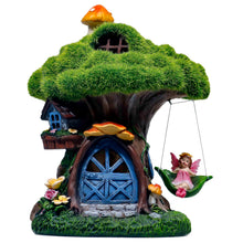 Load image into Gallery viewer, TERESA&#39;S COLLECTIONS Fairy House Outdoor Statues with Solar Light for Garden Decor, Green Moss Resin Outdoor Cottage with Swinging Fairy, Lawn Ornaments Yard Decor Gifts for Mom Women, 8&quot;
