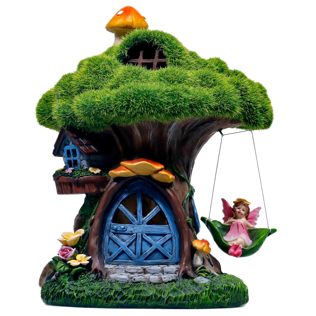 TERESA'S COLLECTIONS Fairy House Outdoor Statues with Solar Light for Garden Decor, Green Moss Resin Outdoor Cottage with Swinging Fairy, Lawn Ornaments Yard Decor Gifts for Mom Women, 8